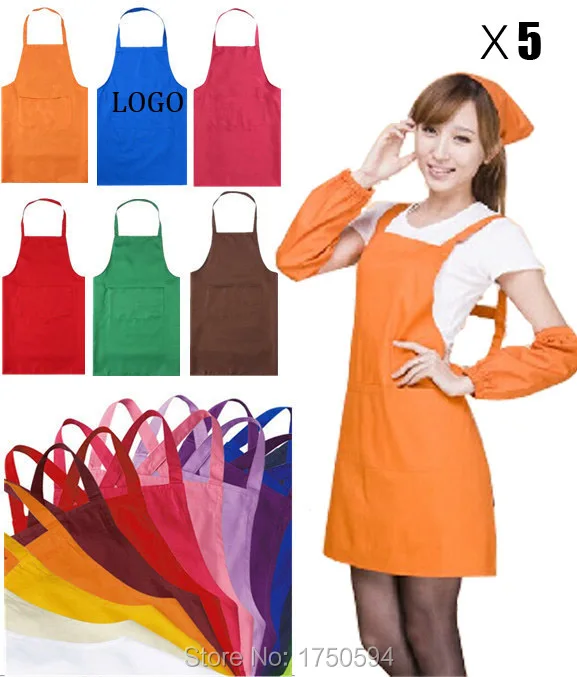 5Pcs/lot 13 Colors Unisex Aprons Restaurant Home Kitchen Cooking Apron Store Craft Work Waiters Apron Custom Print Logo