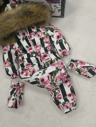 Real fur hooded 2022 Winter Jacket child jackets children jumpsuit snow suit girl floral limbing down romper ski suits outerwear