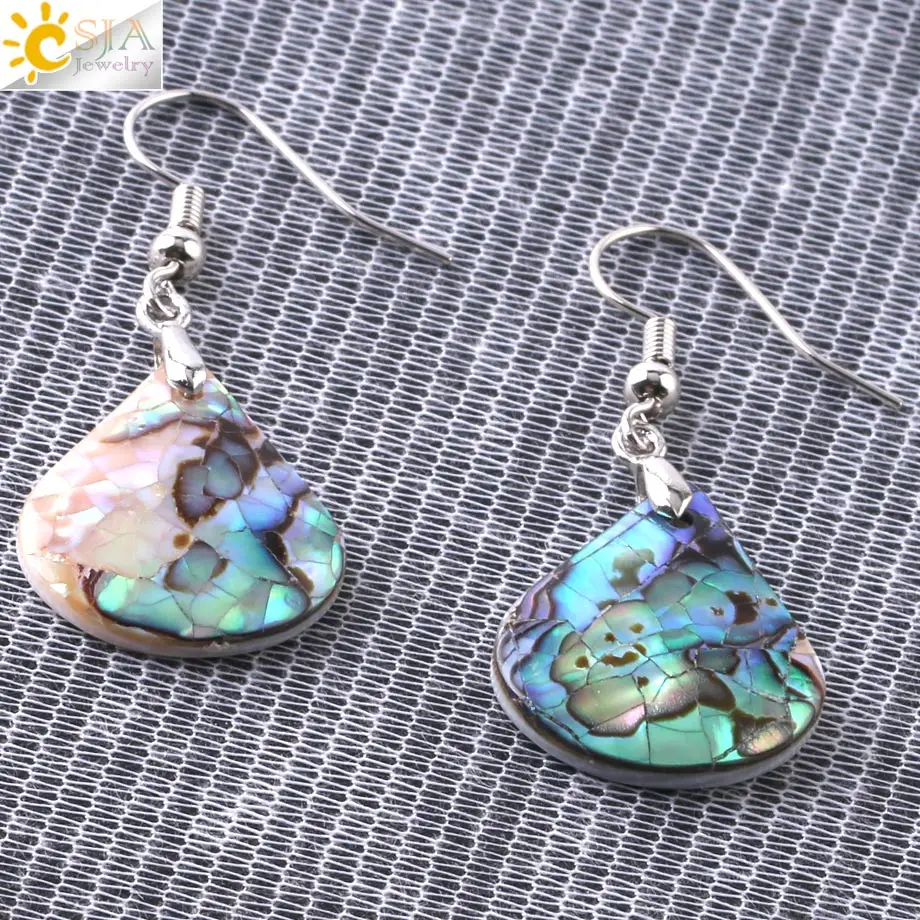 CSJA Natural Abalone Shell Water Drop Earrings Square Flat Paua Shells Geometric Dangle Earring for Women Casual Jewellery F950