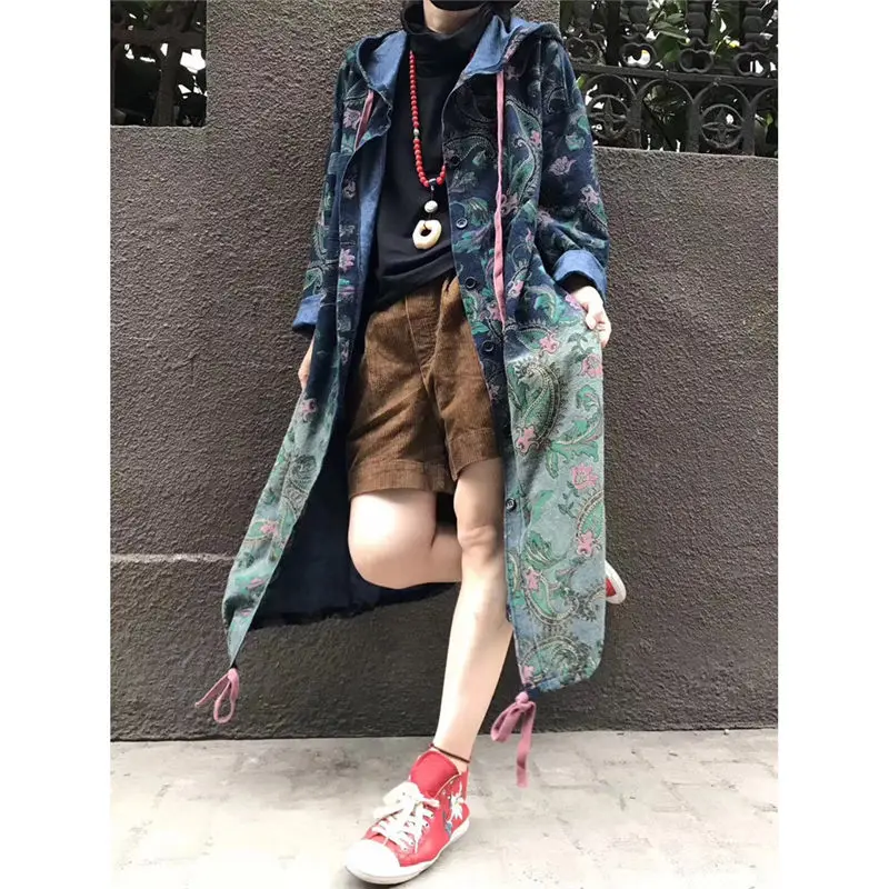 2023 New Harajuku Denim Trench Coat For Women Oversizes Jeans Outerwear Long Sleeve Single-breasted Retro Print Streetwear f924