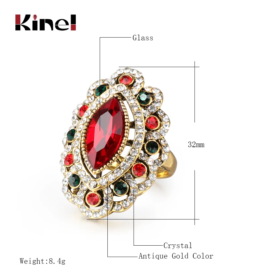 Luxury Vintage Jewelry Red Glass Rings For Women  Antique Gold Color Tibet Alloy India Eye Ring Crystal Gifts