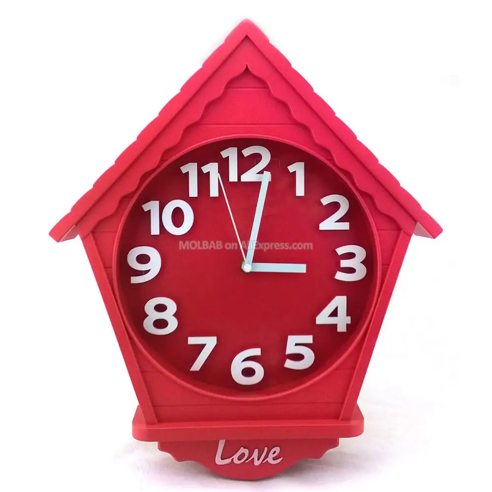 Large Red House Wall Clock Glass Cover Numerical Watch Dial Modern Style Quiet Quartz Timepiece ABS Plastic Crafts Home Decor