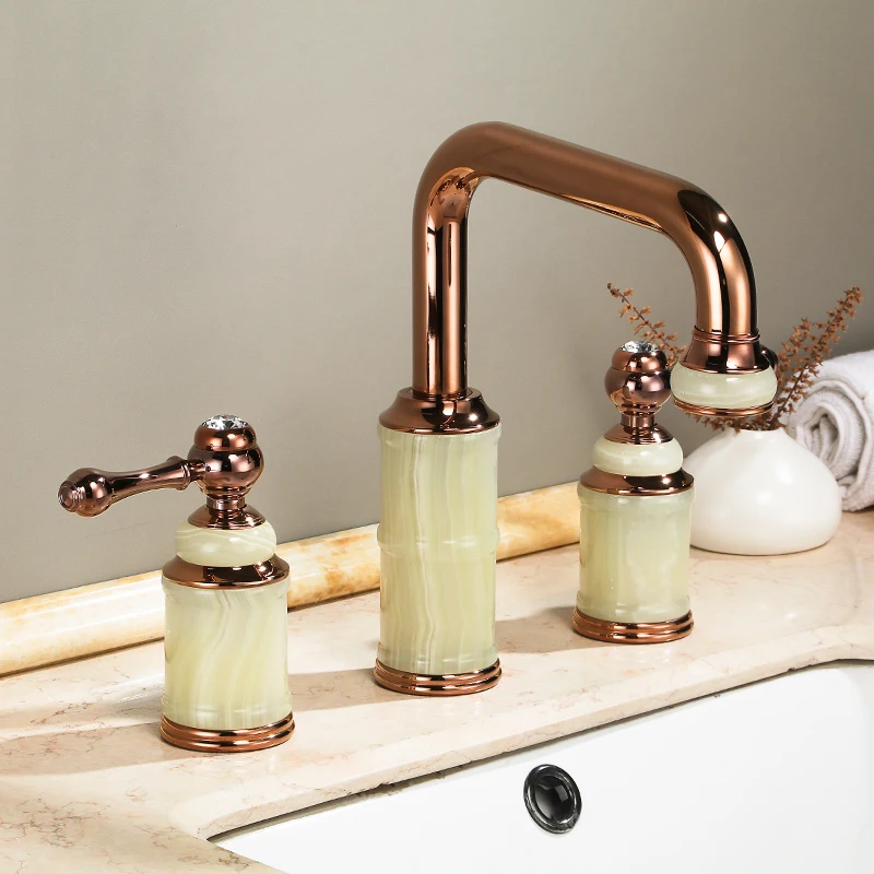 

Luxury Rose Gold Brass Natural jade high Bathroom Sink Faucet Art Basin Mixer Taps three holes Lavatory Faucet--SM536