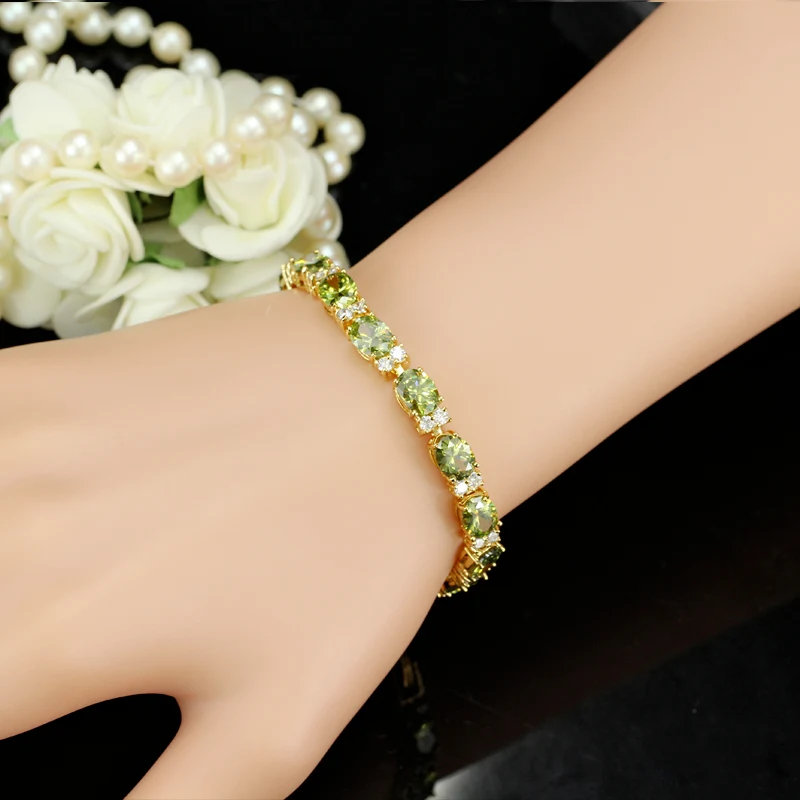 ThreeGraces Shiny Olive Green Cubic Zirconia Link Chain Bracelets for Women New Trendy Gold Color Daily Party Jewelry BR237