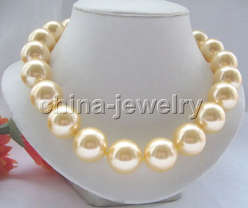 

FREE SHIPPING Beautiful 18mm golden perfect round south sea shell pearl necklace GP clas^^@Noble style Natural Fi