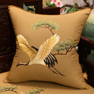 

2022 Cushion Cover Decorative Pillow Case Vintage Chinese Traditional Classical Crane Linen Cotton Vivid Embroidery Coussin