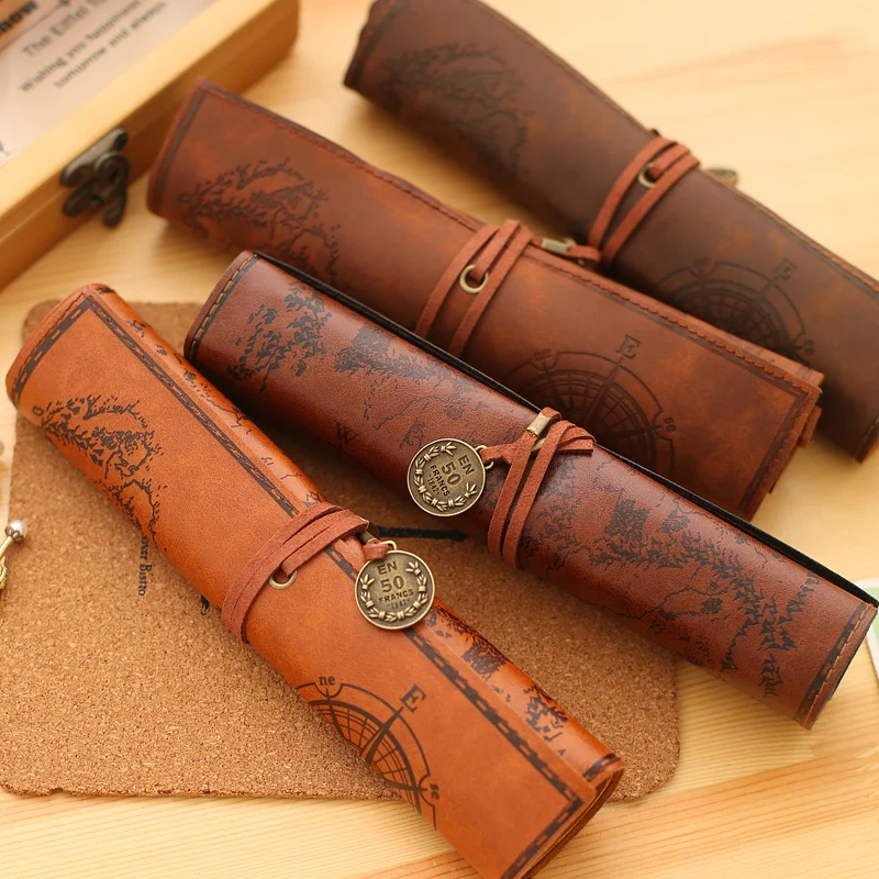 Vintage Retro Treasure Map Pencil Cases Luxury Roll Leather PU Pen Bag Pouch for Stationery School Supplies Make Up Cosmetic Bag