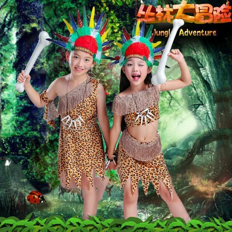 Trang Phục Hóa Trang Halloween Người Lớn Trẻ Em Savage Thượng Cổ Trang Phục Da Báo Flintstone Châu Phi Bộ Lạc Thợ Săn Ấn Độ Quần Áo