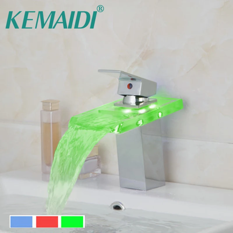 

KEMAIDI Luxury Polished Chrome LED Waterfall Spout Bathroom Basin Faucet Contemporary Square Sink Mixer Tap Deck Mounted