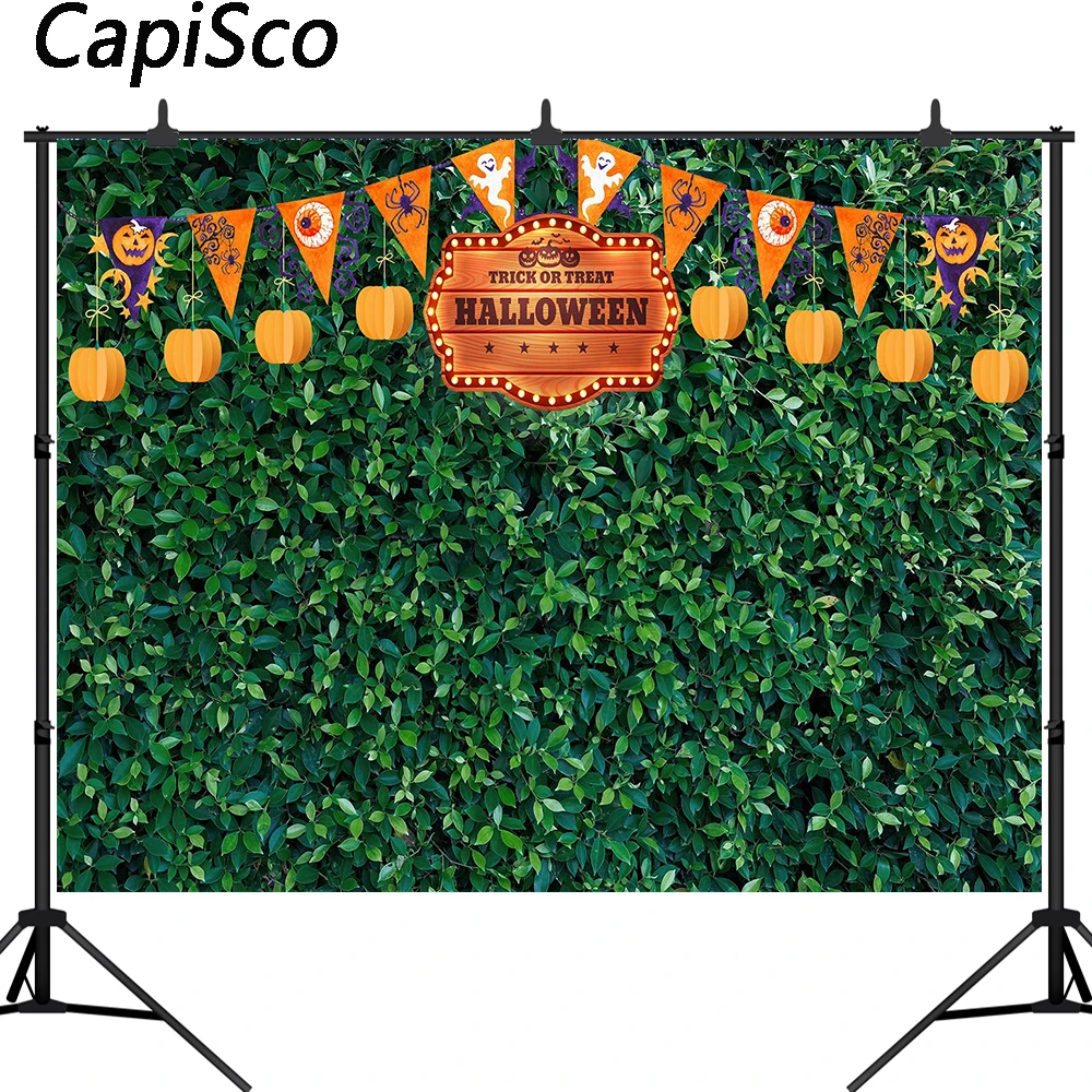 

Capisco Halloween Green Leaves Pumpkin Lantern Backdrop Happy Halloween Vinyl Photography Photo Background Studio Prop