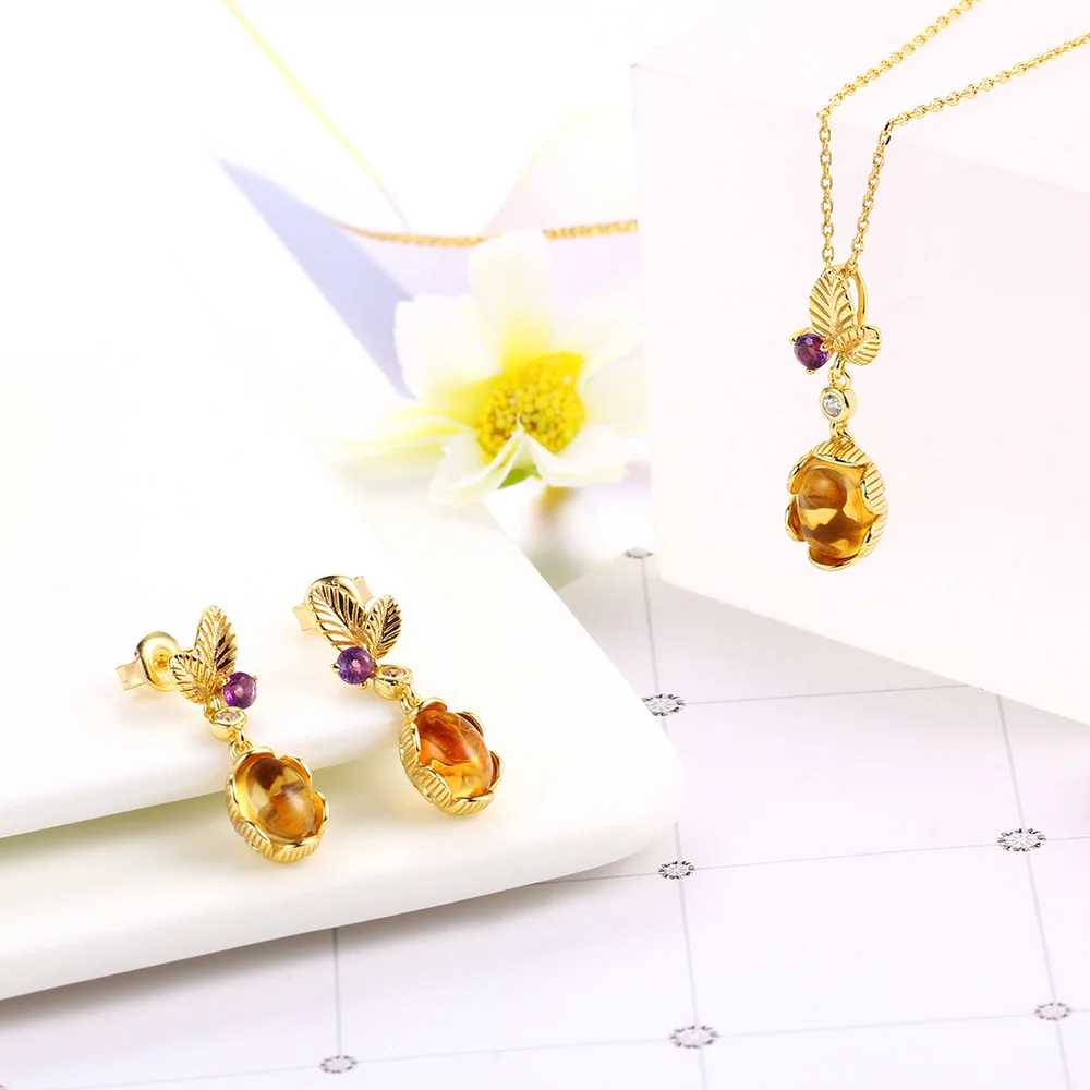 MoBuy Leaf Flower 925 Sterling Silver Jewelry Set For Women Natural Gemstone Oval Citrine Fine Jewelry Yellow Gold Plated V022EN