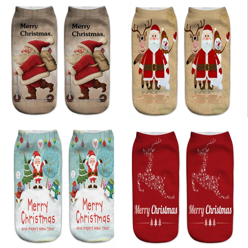 

Новые женские рождественские носки с 3D рисунком, носки унисекс с мультяшным оленем, снеговиком, Санта-Клаусом, женские рождественские носки до щиколотки с низким вырезом, женские носки