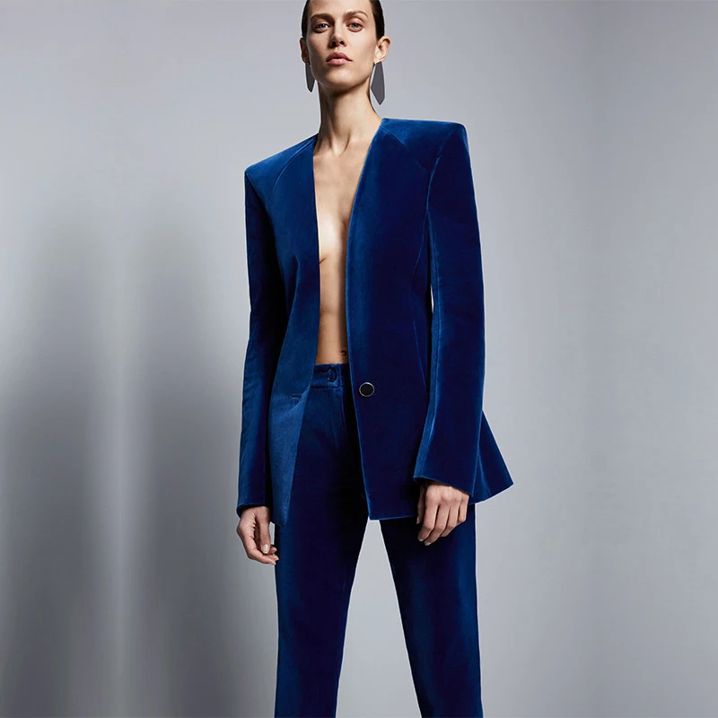 Moda Royal Blue Velvet Women Formal Business Pant suit Women Slim Fit Office Ladies smoking Uniform suit Costume Femme