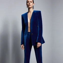 Trajes de pantalón de negocios formales de terciopelo azul real a la moda para mujer, trajes de uniforme de esmoquin de oficina ajustados para mujer, traje para mujer