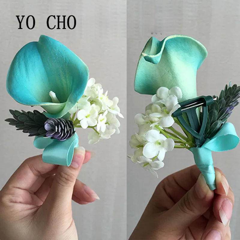 YO CHO-리얼 터치 칼라 릴리 Boutonnieres 꽃 단추 구멍 코르지, 화이트 블루 신랑 Boutonniere 웨딩 결혼 액세서리