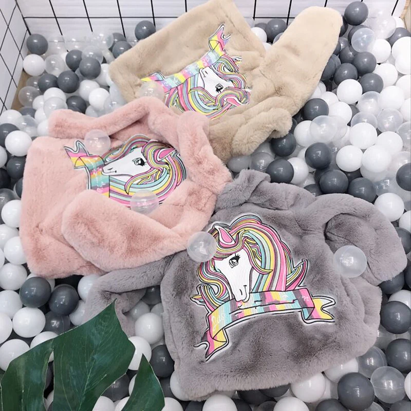 2-10Y Girls Faux Fur Coat Kids Fur Jackets Unicorn Embroidery Baby Girls Fur Coat Princess Girls Winter Coat Children Snowsuit