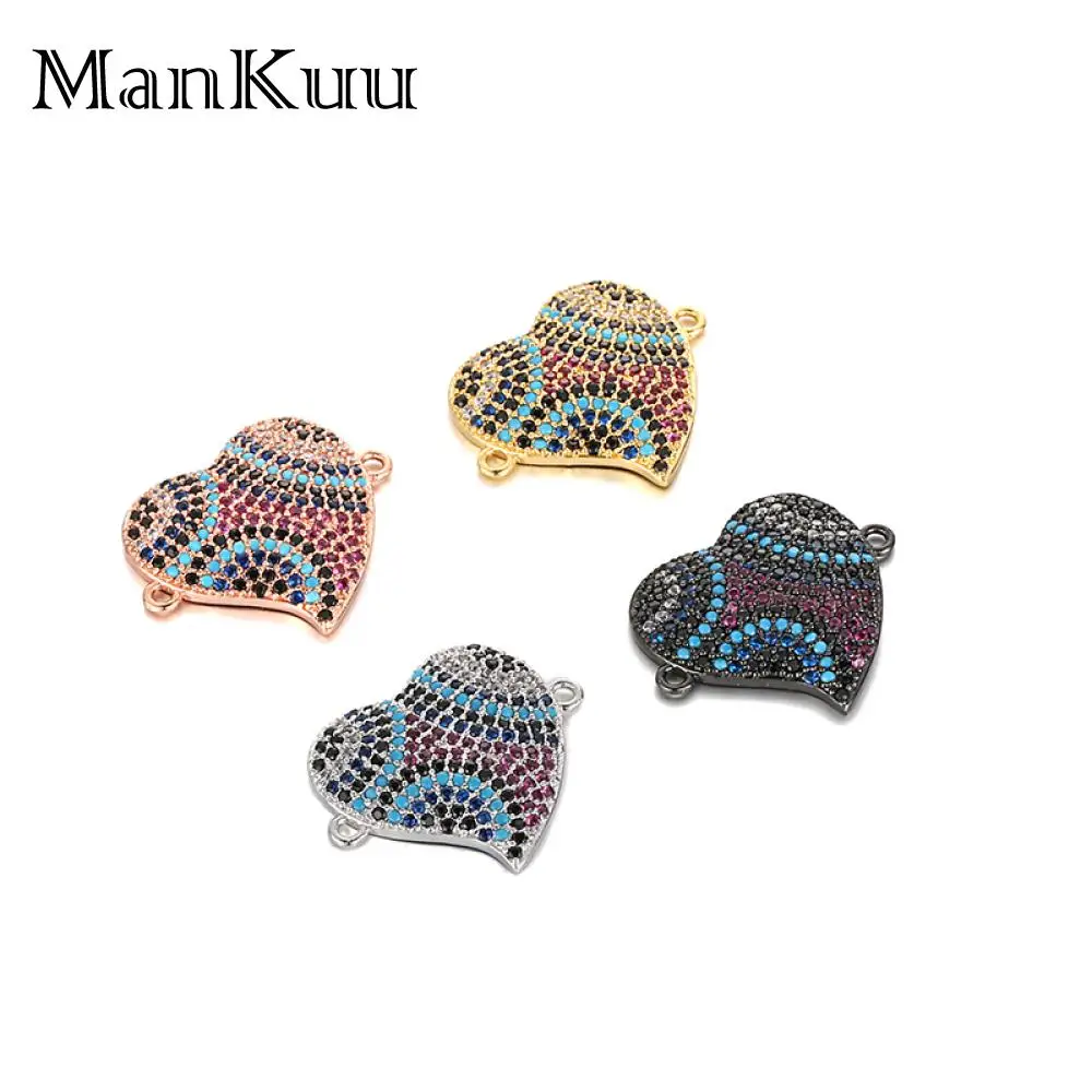 Mankuu Colorful Abstract Crooked Heart Connector Charms Fashion Gold Plating Cubic Zircon Connectors For Jewelry Making 5pcs/Lot