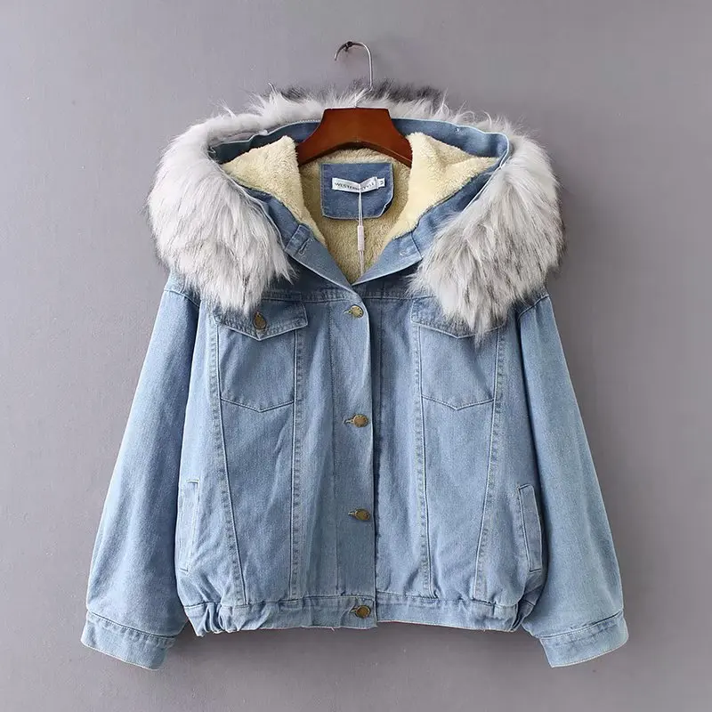 

OLGITUM 2019 winter new large fur collar Denim Jacket women lamb hair lining cotton coat