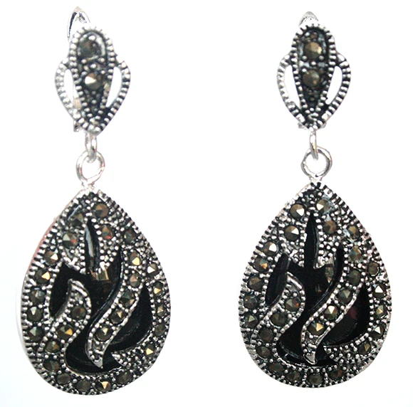 

11/2" late trend 925 Silver & Marcasite inlay black stone Waterdrop Earrings 5.29