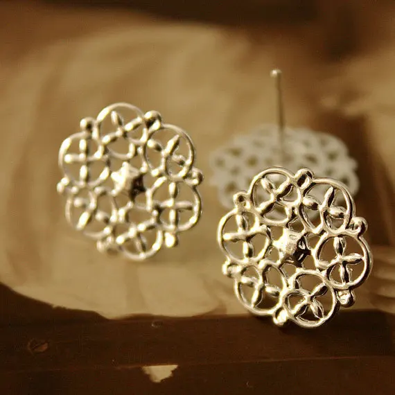 50 Pcs Gold Silver Antiqued Bronze plated Brass Filigree Lace Steel Post Earring NICKEL FREE(EAR-14)