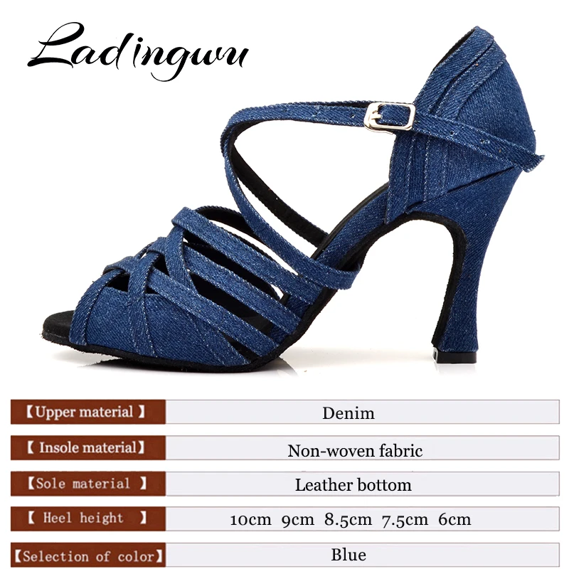 Ladingwu Women Dance Shoes Latin Salsa Tango Blue Denim Dance Shoes Woman\'s Ballroom Paty Profession Dance Shoes Cuban heel 9/10