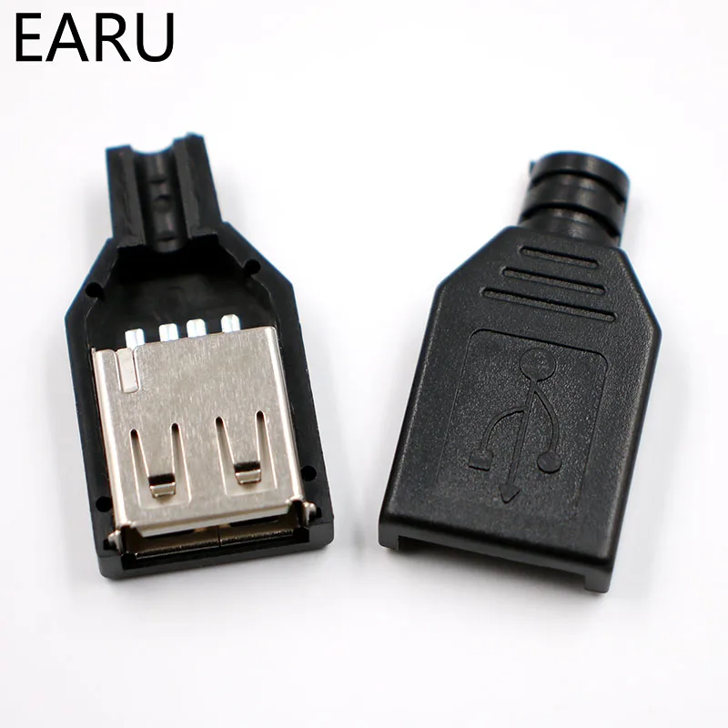 DIY 10pcs Type A Female USB 4 Pin Plug Socket Connector With Black Plastic Cover USB 2.0 Connect Adapter PCB SDA Data Cable Line
