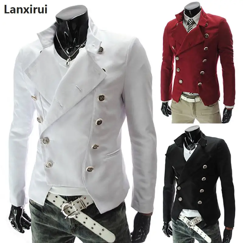 Red Black White Hombre Blazer Men Double Breasted Slim Fit Vintage Mens Blazers Jacket Youth Long Sleeve Stand Collar Brand Coat