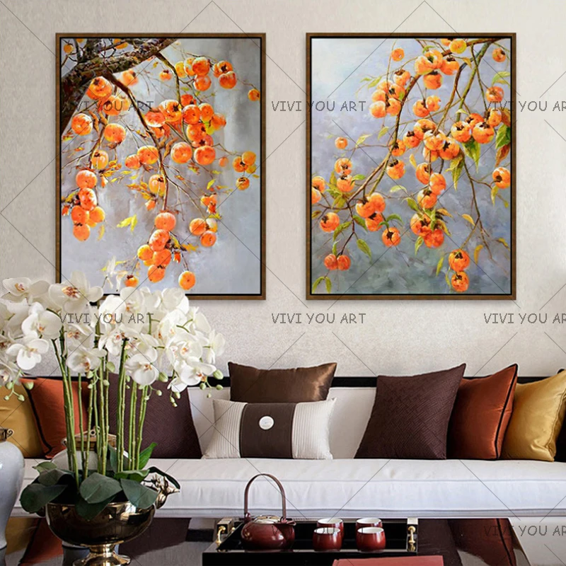 Professional Artist Handmade High Quality Impression Still Life tree Oil Painting on Canvas Pretty Yellow persimmon Oil Painting