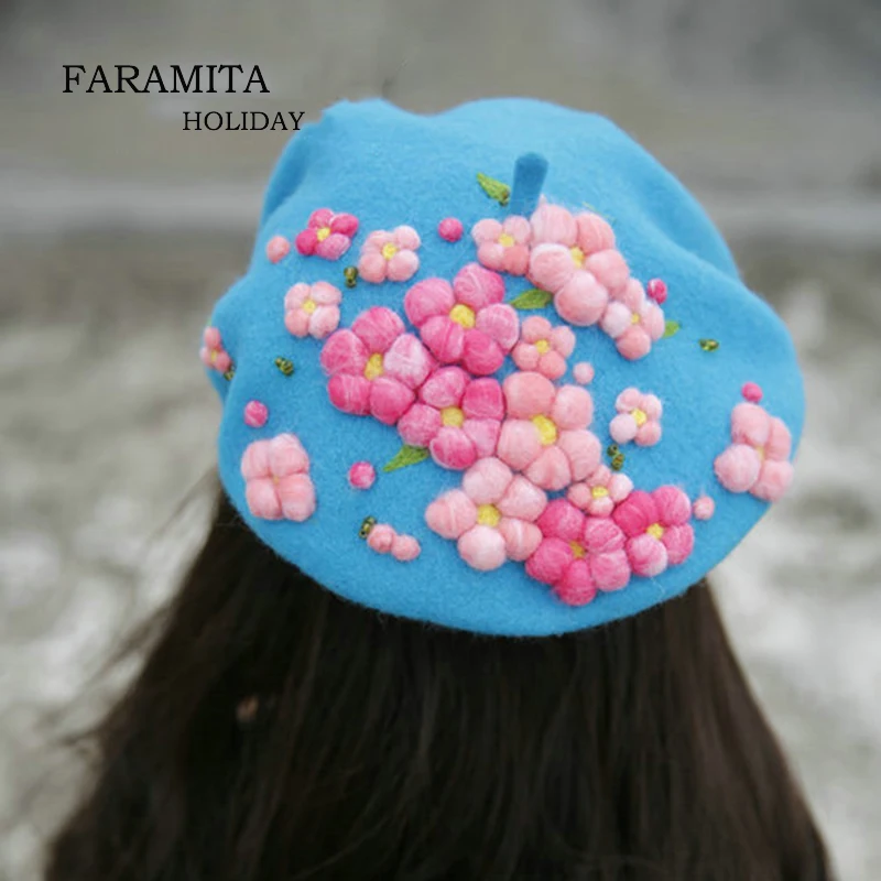 

Faramita Holiday Flowers Colorful Pink Plants Women Hand-made Spring Berets Girls Kids Boys Beret Hats Caps Wool Felt 3D Floral