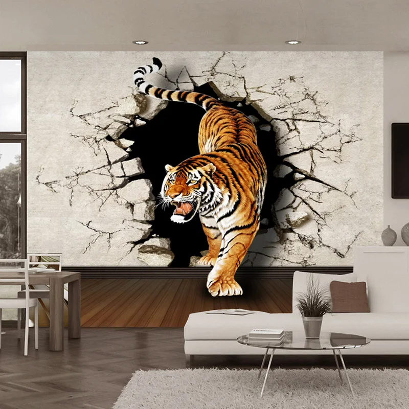 3D Stereo Lifelike Tiger Broken Wall Photo Mural Wallpaper Dining Room Living Room Modern Personality Home Decor Sticker Fresco