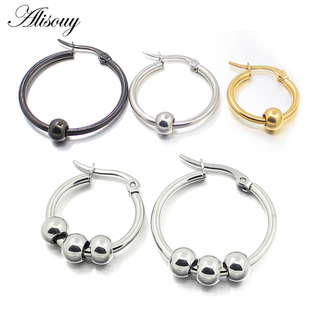 

Aisouy 2pcs Black Gold Color Stainless Steel Men Women Small Ball Big Hoop Earrings Party Rock Gift 3 colors Wholesale