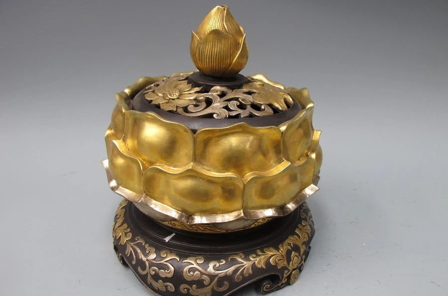 

Chinese 100% Pure Bronze 24K Gold Silver Royal Buddhism Lotus Incense burner