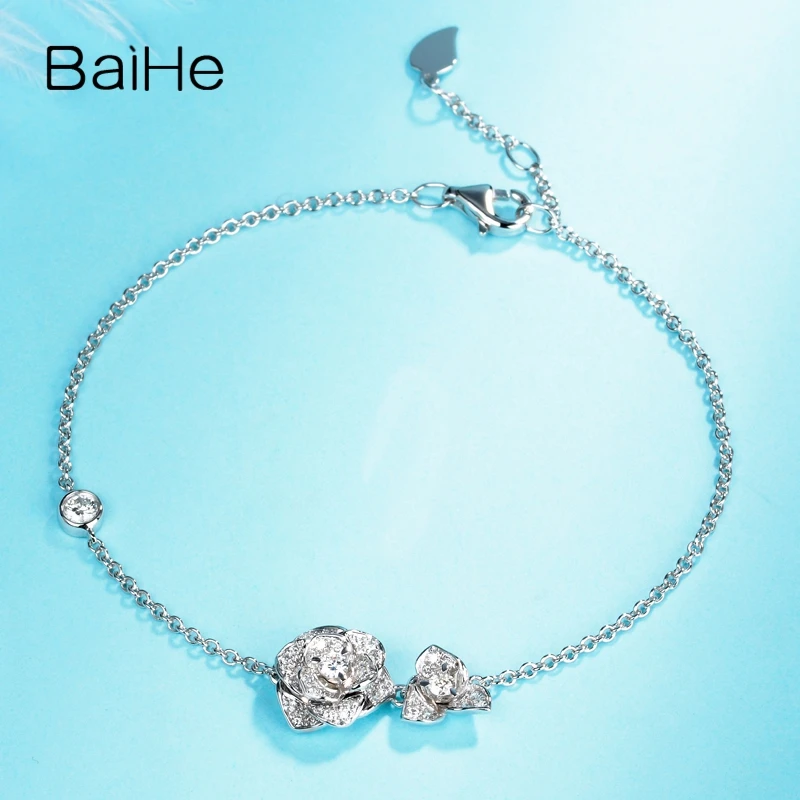 BAIHE Solid 18K White Gold 0.35ct H/SI Natural Diamond Flower Bracelet Women Fine Jewelry Making Pulsera Flor Blumen-Armband