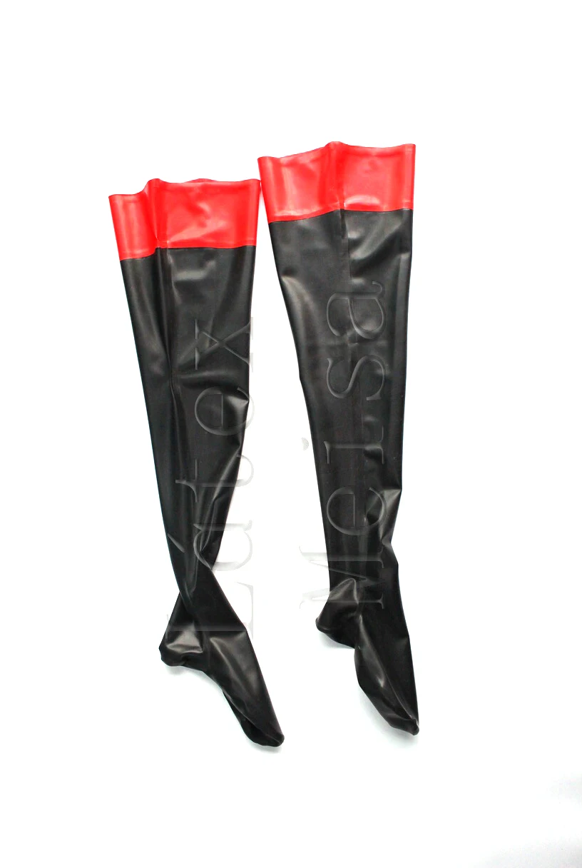 Black with red trims on top Zentai latex stockings thigh rubber stockings for women