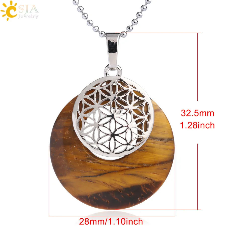 CSJA Natural Stone Flower of Life Pendant Necklace Reiki Amulets Hollow Out Circle Pendants Fit for Women Men Charm Jewelry G052