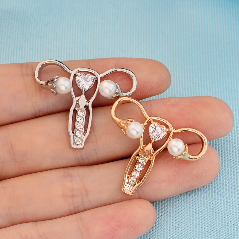 Female Uterus Pearl Crystal Metal Brooch Care Women Health Badge Jewelry Pin Doctor Nurse Medical Student Accessories Gift