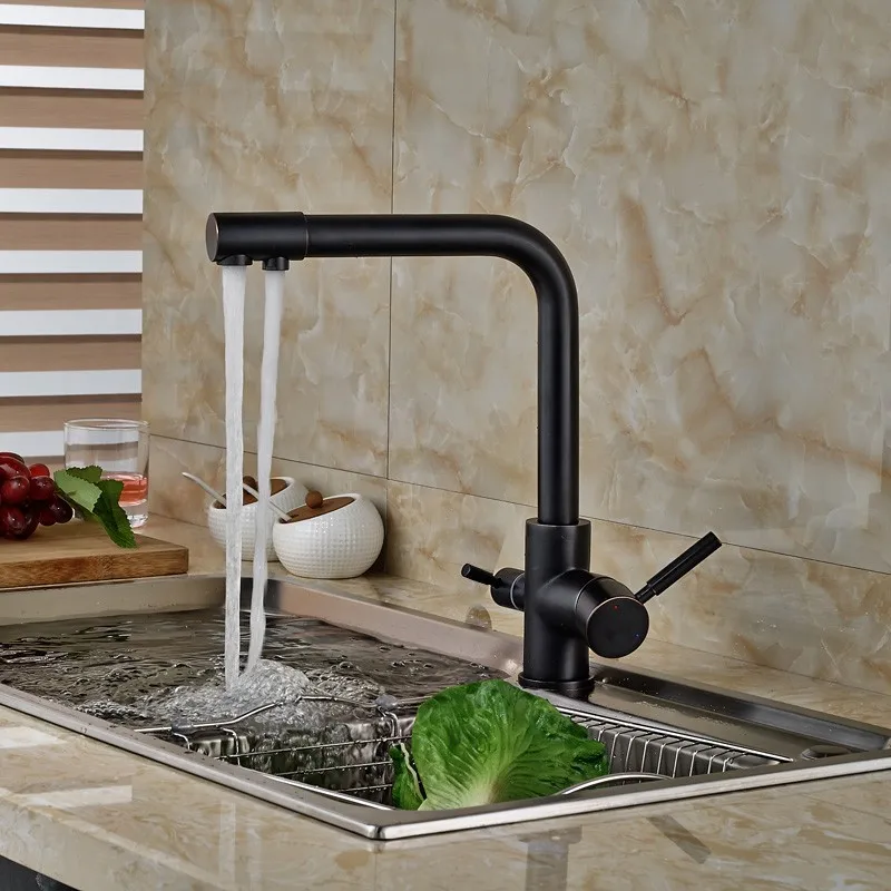 Black Oil Rubbed Brass two Levers 3-Way Water Filter Tap Kitchen Sink Faucet Mixer asf125