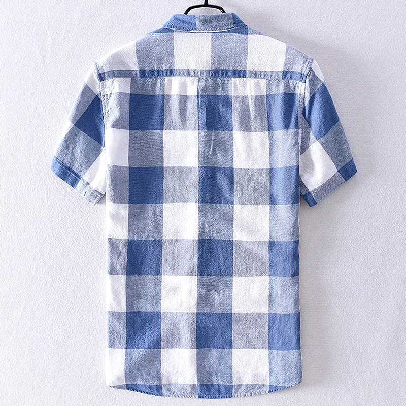 New Design Short-sleeved Linen Plaid Shirt Men Brand Italy Fashion Shirts For Men Casual Clothes Chemise Camisas De Hombre