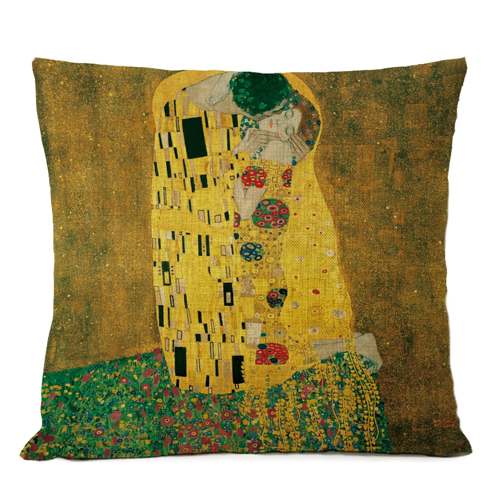 Gold Oil Painting Throw Pillow Cover Gustav Klimt Gallery Pillow Case Home Decorative Pillow  Linen Pillowcase Sofa Cushion