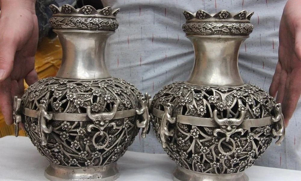 Chinese Copper Silver Foo Dog Beast Plum Blossom Hollow out Bottle Pot Vase Pair