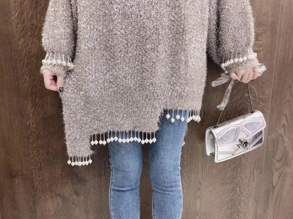 Cakucool New Silver Lurex Sweaters Women Pearl Beading Tassel Shiny Asymmetric Jumper Korean Cute Mid Long Sweaters Jersey Mujer