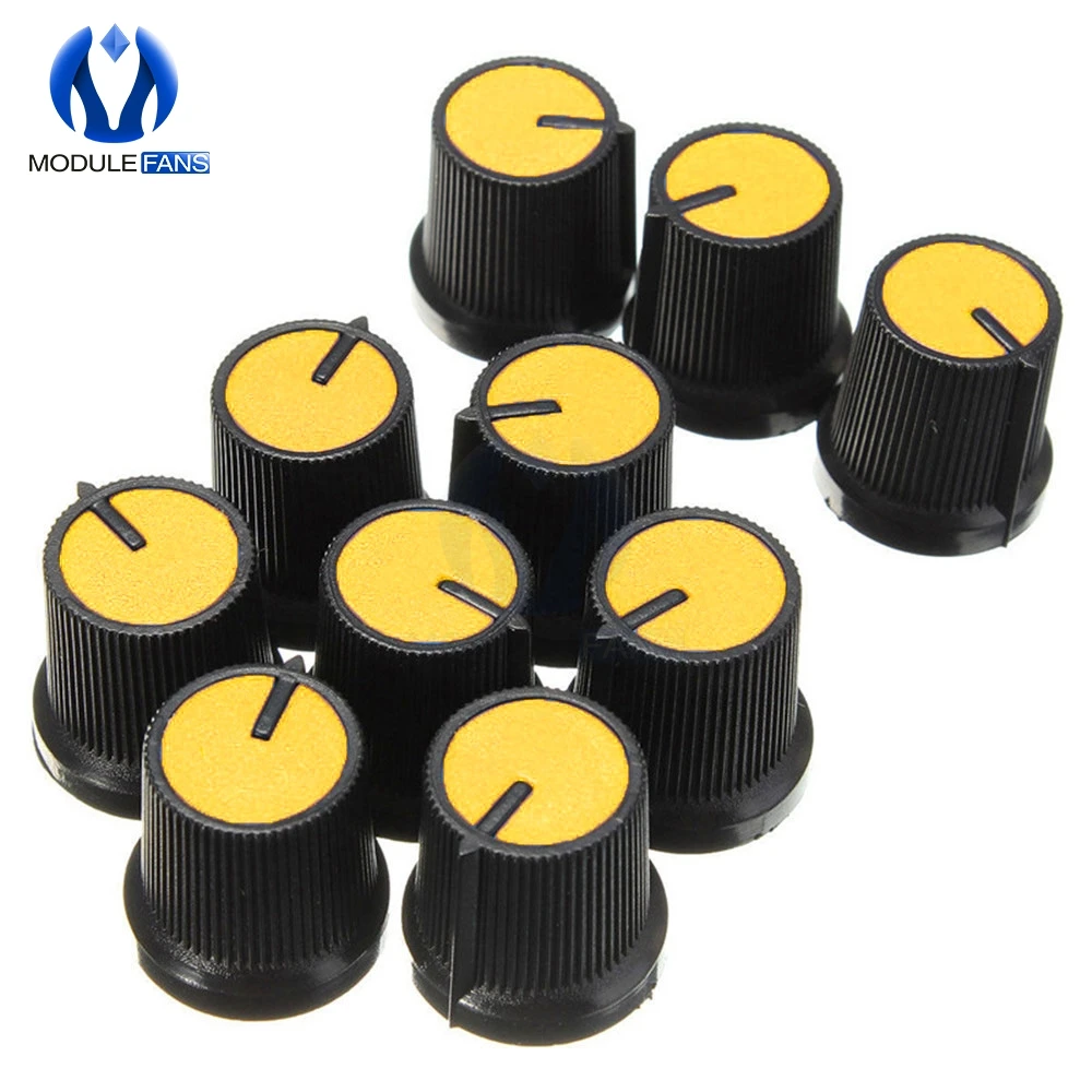 10pcs 6mm Knob Yellow Face Plastic For Rotary Taper Potentiometer Knob Hole Volume Control Controller Black CAPS Diy RK097G