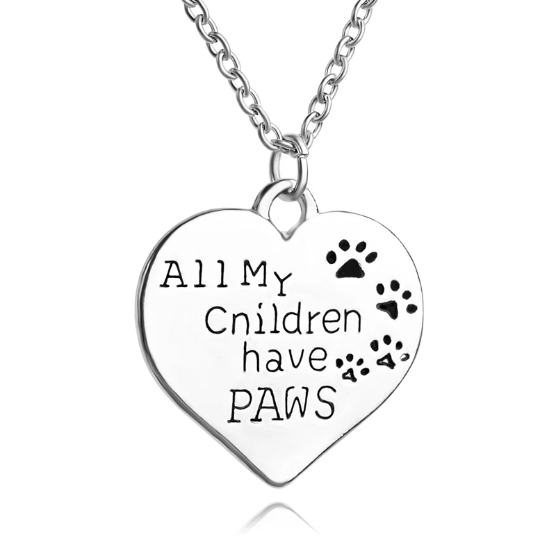 Pet Lover Necklace All My Children Have Paws Pet Lover Dog Paw Prints Tag Silver Love Heart Pendant Necklace Xmas Gifts