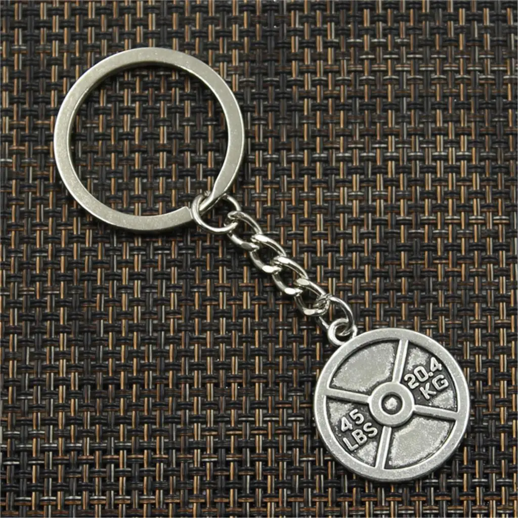 New Fashion Men 30mm Keychain DIY Metal Holder Chain Vintage Barbell Disc Weight 45lbs 20.4kg 24x28mm Silver Color Pendant Gift