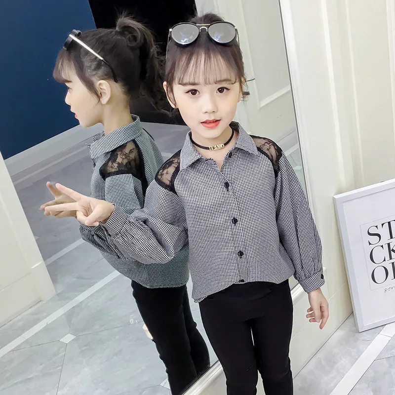 Girls Fashion Lattice Lace Spliced Off Shoulder Shirt Children's Spring Style Blouse Foreign Style Kids Cotton Tops Clothes X414