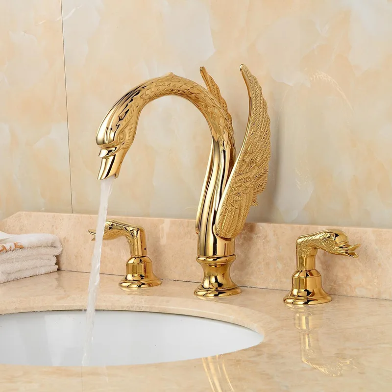 Free shipping 3 PIECES gold clour  swan sink faucet  widespread lavatory sink faucet  MIXER TAP