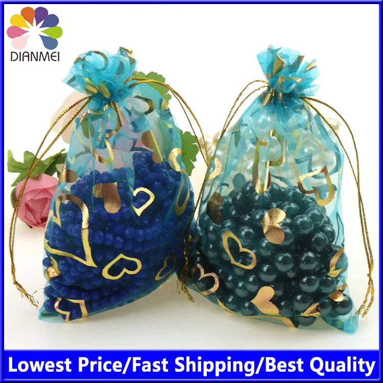 9x12cm Bronzing Organza Lake Blue Jewelry Bags And Packaging Cheap Organza Pouches Convenient Bag 100pcs/lot