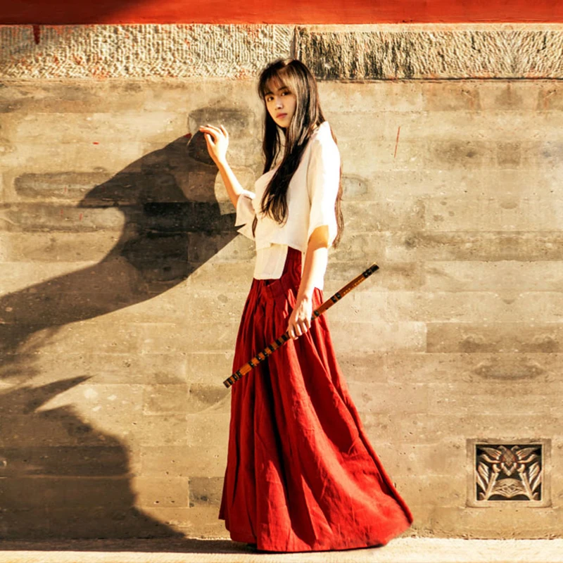 

Hanfu Costume Long Skirt, Chinese Clothes, High Waist, Red Cotton Linen, Retro Maxi Skirt, Saia Longa, Black, Summe