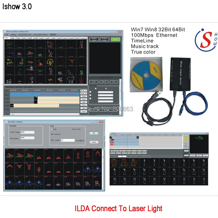 

Программное обеспечение Eshiny iShow V3.0 для лазерного шоу ILDA + RJ45 USB-интерфейс для дискотеки DJ DMX Bar, сценический лазерный свет, аналогичный, как QUICKSHOW N8T92