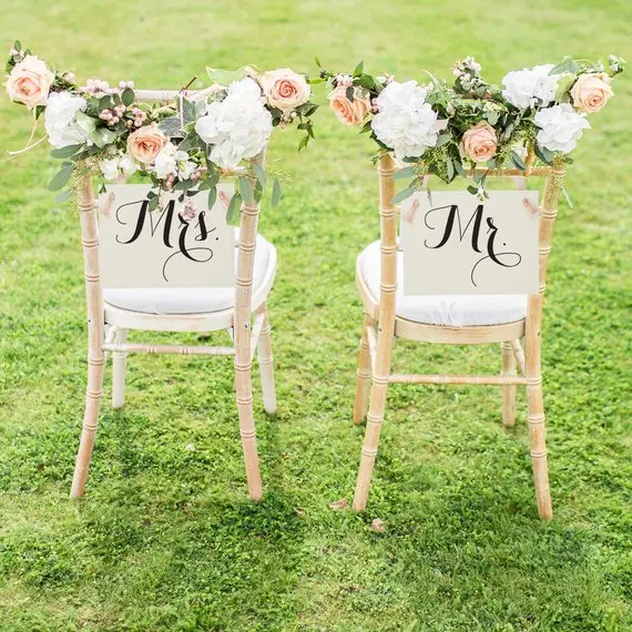 Letreros personalizados para silla de Novia y Novia, para boda, Senora y Sra. Signo de silla española